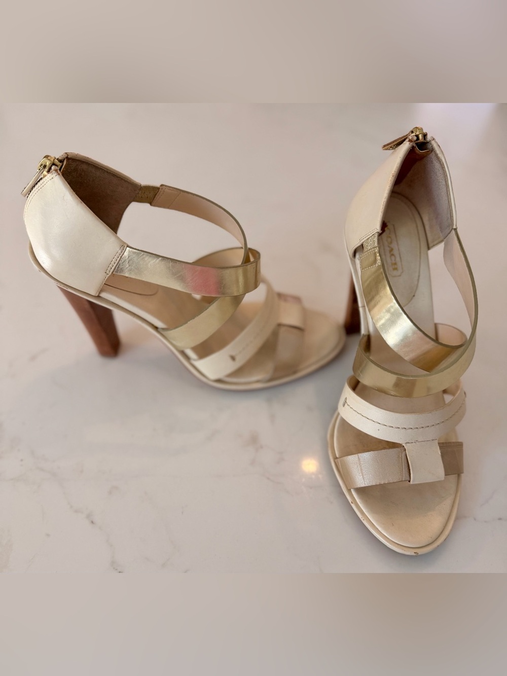 Coach Women's Crisscross Cream and Gold Leather Heels. Size 8